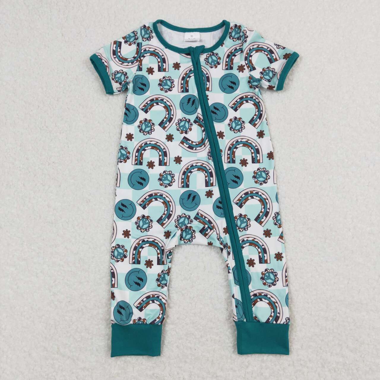 SR1021 Green Smiling Face Rainbow Print Baby Girls Summer Zipper Romper