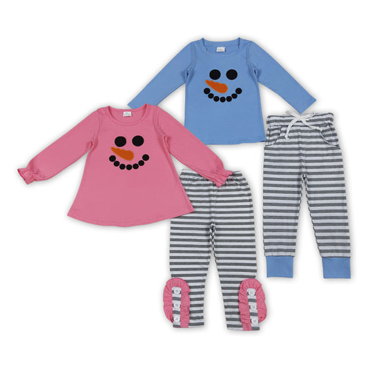 Snowman Embroidery Top Stripes Pants Kids Christmas Clothes Sibling Wear