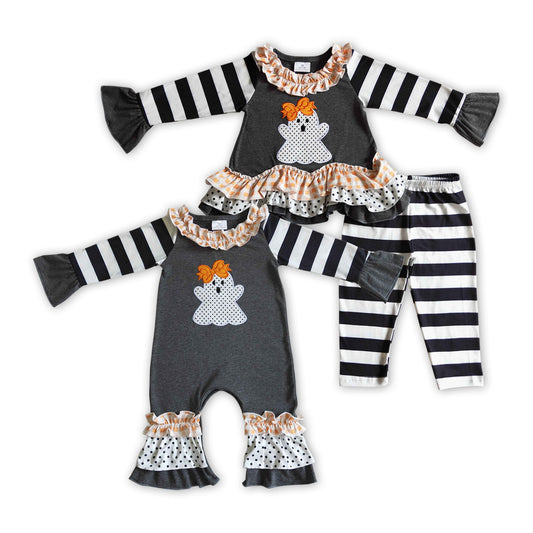 Spooky Embroidery Black Stripes Print Girls Halloween Matching Clothes Sisters Wear
