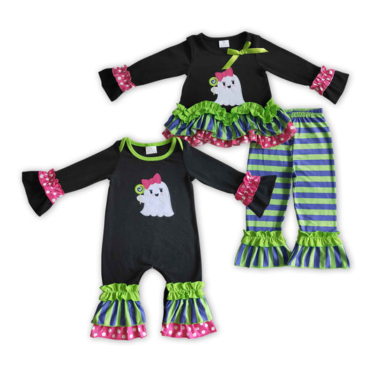 Spooky Embroidery Stripes Print Girls Halloween Matching Clothes Sisters Wear