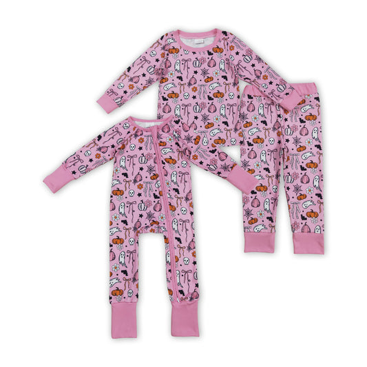 Spooky Pumpkin Bows Pink Print Girls Halloween Pajamas Matching Clothes