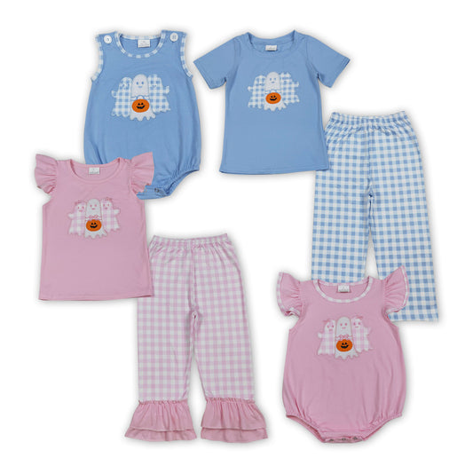 Spooky Pumpkin Embroidery Plaid Kids Halloween Matching Clothes Sibling Wear