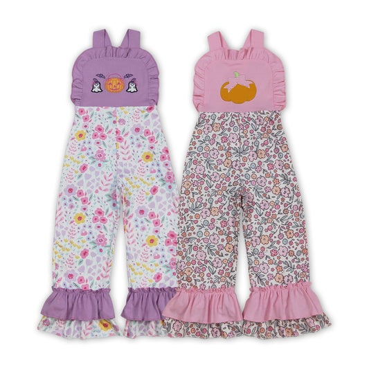 Spooky & Pumpkin Embroidery Flowers Print Girls Jumpsuits Sisters Wear