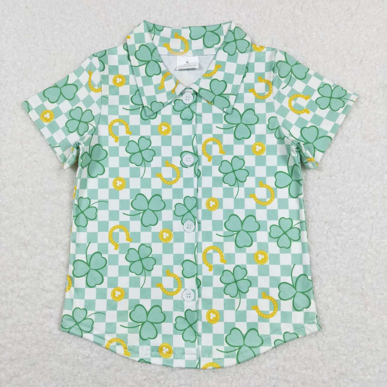 BT0543 Green Quatrefoil Plaid Gold Print Boys St. Patrick's Tee Shirts Top