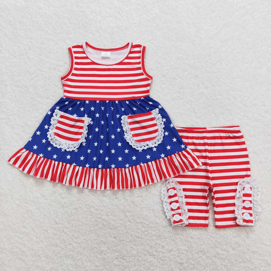 GSSO0855  Stars Pockets Tunic Top Red Stripes Shorts Girls 4th of July Clothes Set
