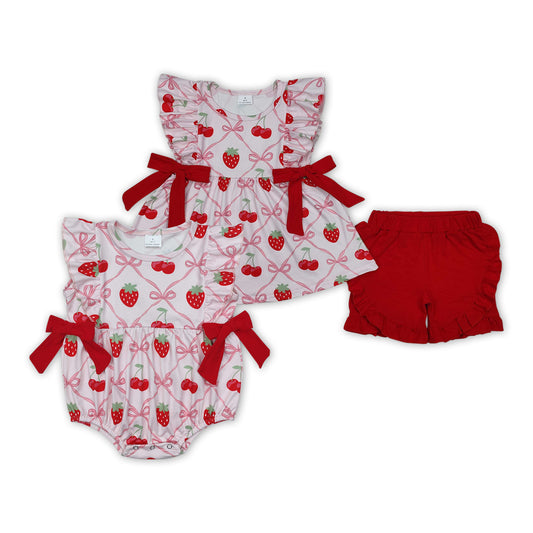 Strawberry Cherry Bows Print Sisters Summer Matching Clothes