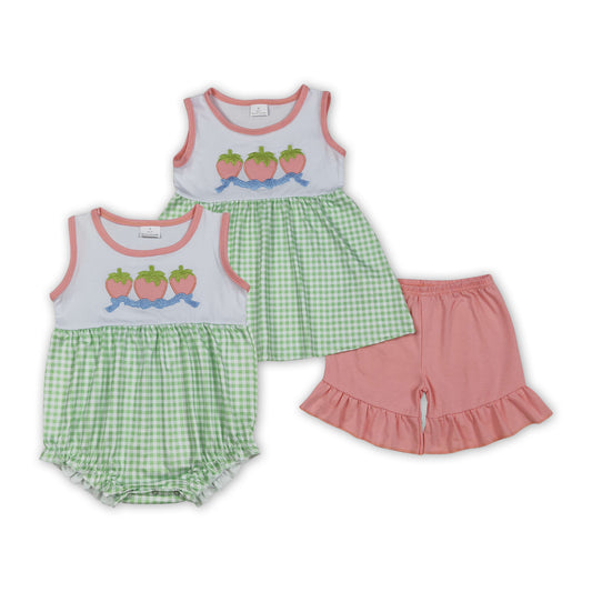 Strawberry Embroidery Plaid Girls Summer Matching Clothes Sisters Wear