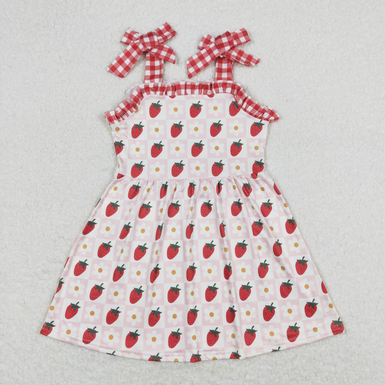 GSD0806 Strawberry Flowers Print Girls Summer Knee Length Strap Dress