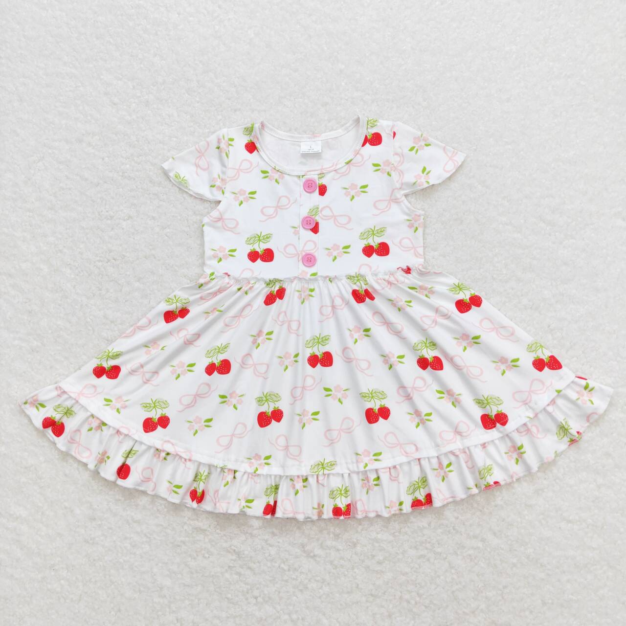 GSD0888 Strawberry Flowers Bows Print Girls Summer Knee Length Dress