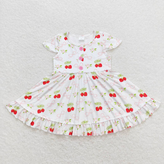 GSD0888 Strawberry Flowers Bows Print Girls Summer Knee Length Dress