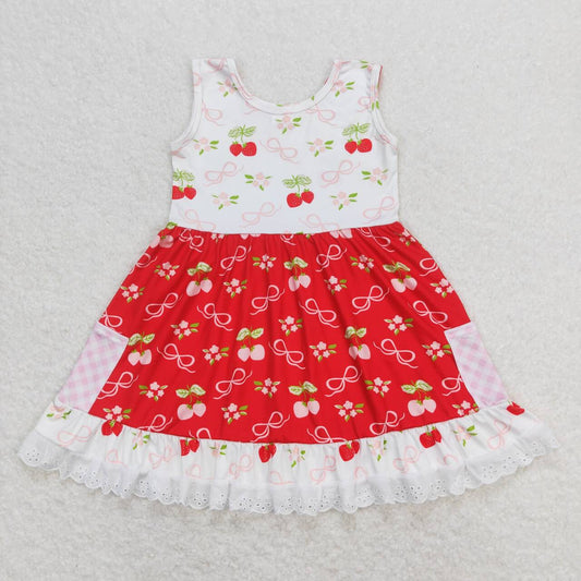 GSD0889 Strawberry Flowers Bows Print Girls Summer Pockets Knee Length Dress