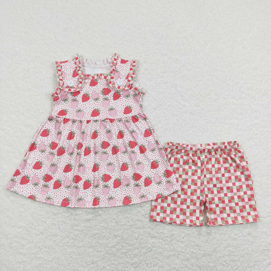 GSSO0499  Strawberry Tunic Top Plaid Shorts Girls Summer Clothes Set