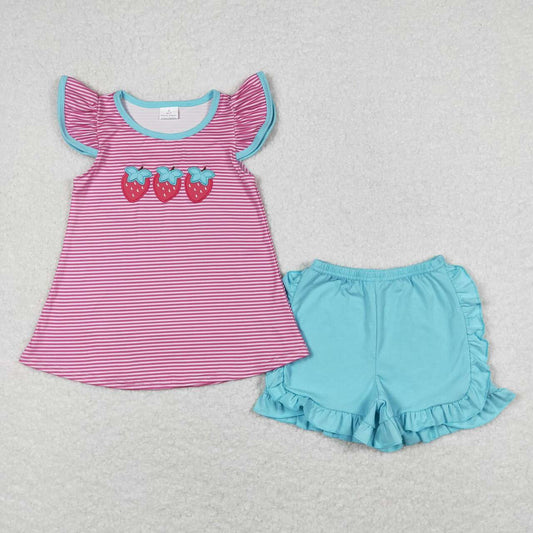 GSSO0556 Strawberry Embroidery Pink Stripes Top Ruffles Shorts Girls Summer Clothes Set