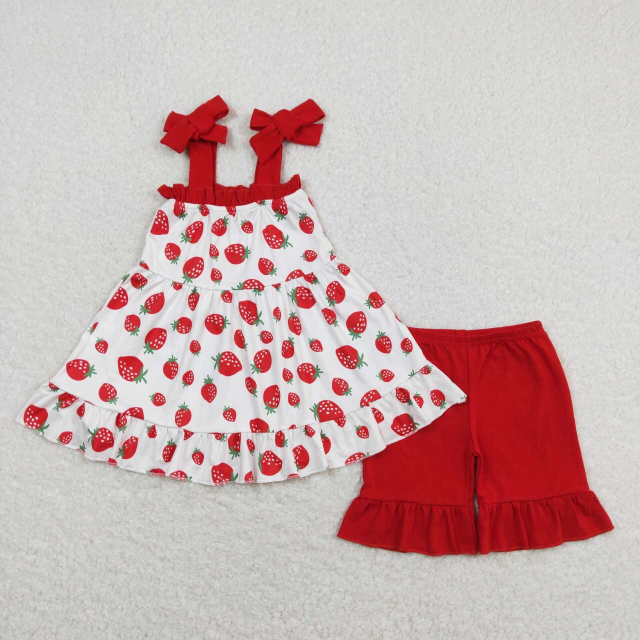 GSSO0567 Strawberry Print Strap Top Red Shorts Girls Summer Clothes Set