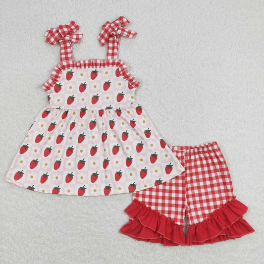 GSSO0588 Strawberry Flowers Print Girls Summer Clothes Set