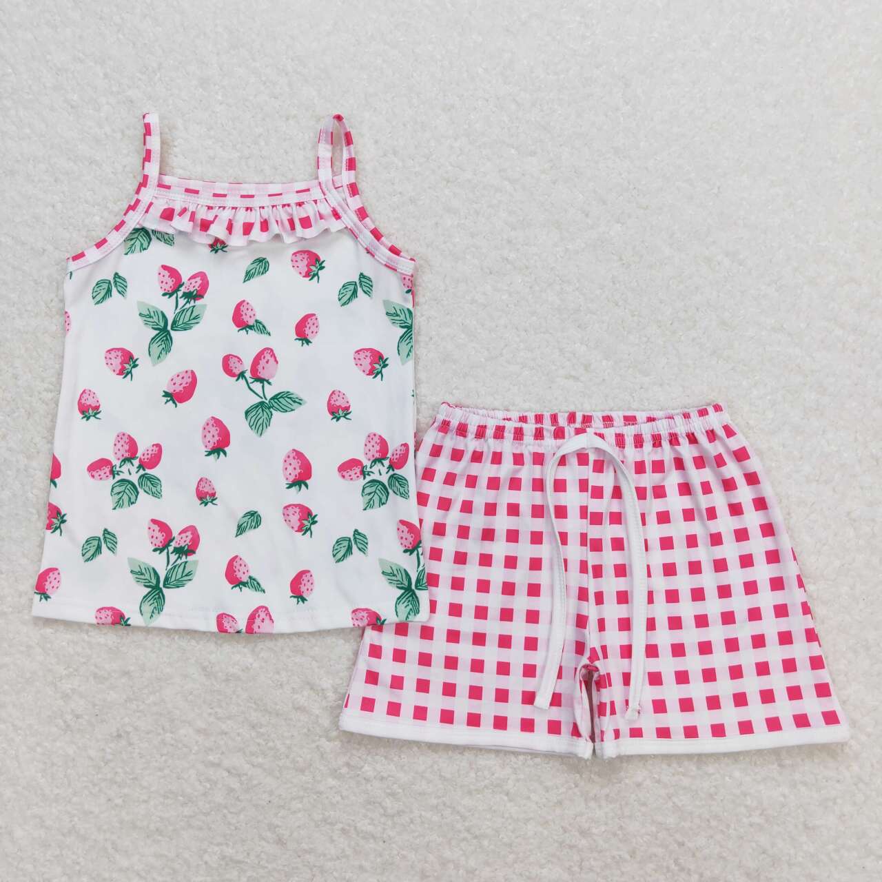 GSSO0866  Strawberry Top Plaid Shorts Girls Summer Clothes Set