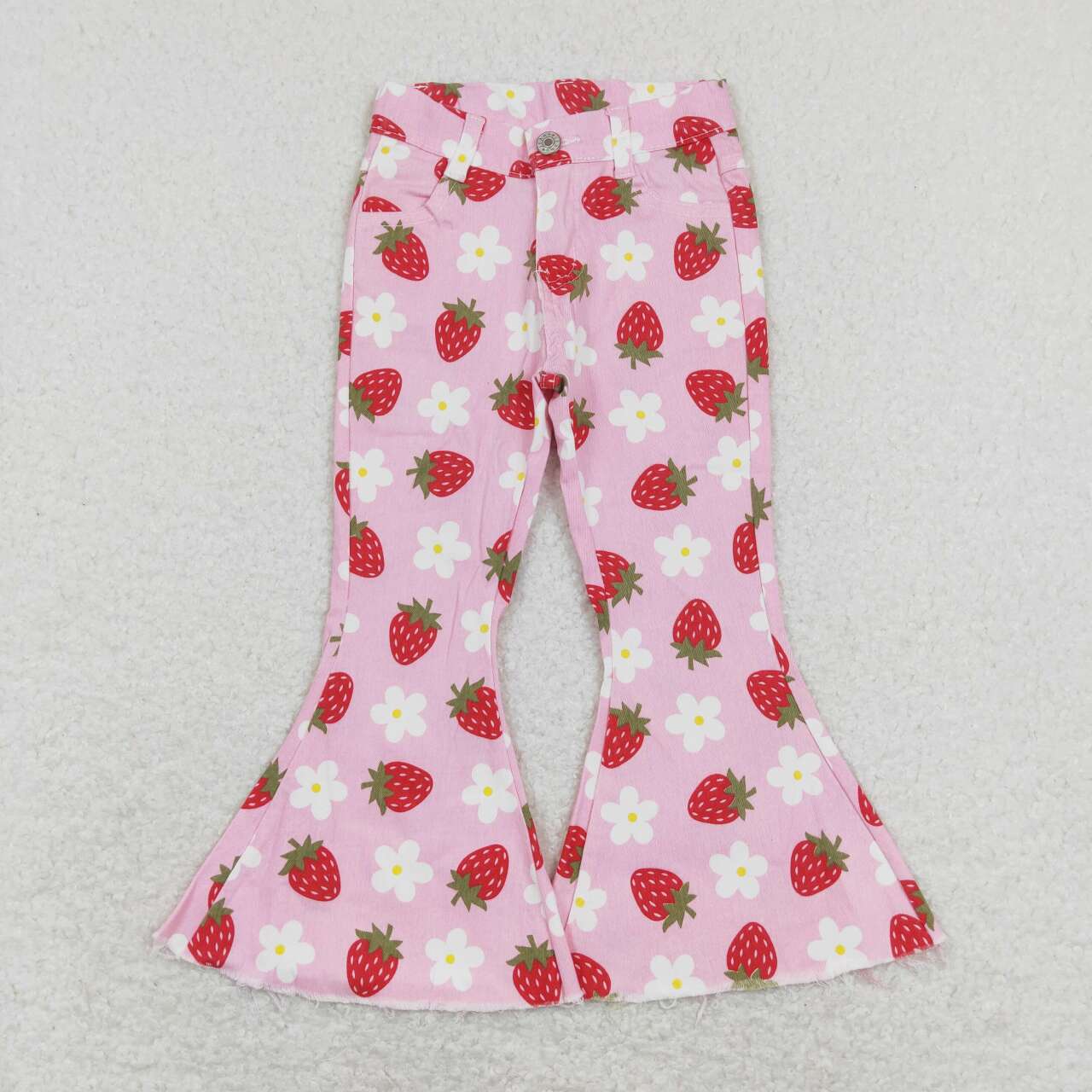 P0396 Strawberry Flowers Denim Bell Bottom Jeans Girls Pants