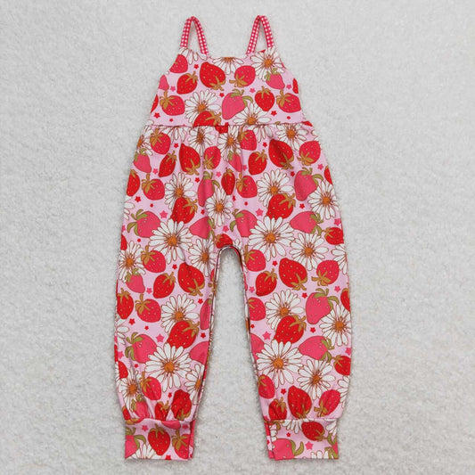 SR0887 Strawberry Flowers Print Baby Girls Summer Romper