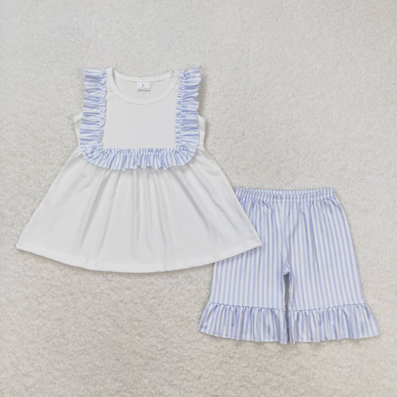 GSSO0926  White Tunic Top Blue Stripes Shorts Girls Summer Clothes Set