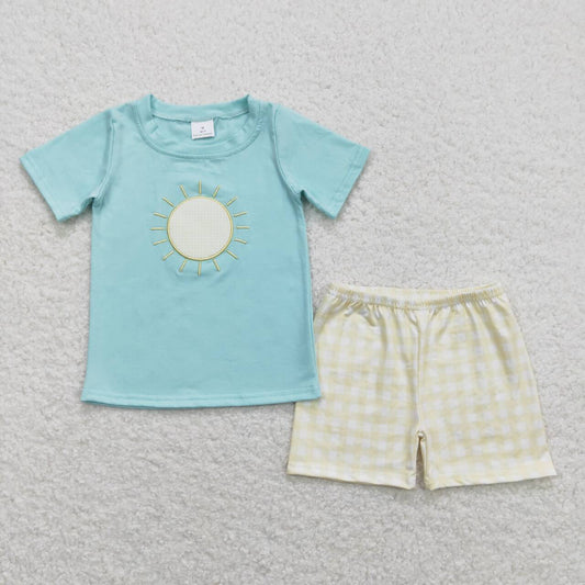 BSSO0614 Sunshine Embroidery Blue Top Plaid Shorts Boys Summer Clothes Set