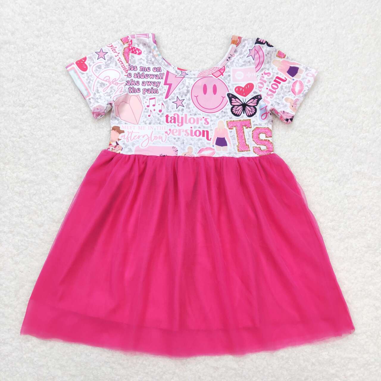 GSD0981  Pink Singer Swiftie Print Girls Knee Length Summer Tulle Dress