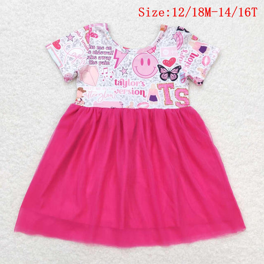 GSD0981  Pink Singer Swiftie Print Girls Knee Length Summer Tulle Dress