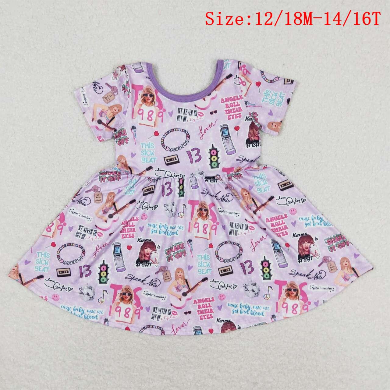 GSD1167  Purple Singer Swiftie Print Girls Knee Length Summer Dress