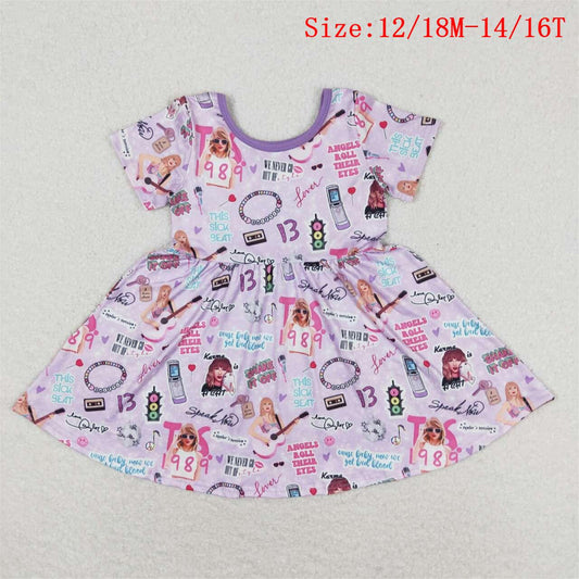 GSD1167  Purple Singer Swiftie Print Girls Knee Length Summer Dress