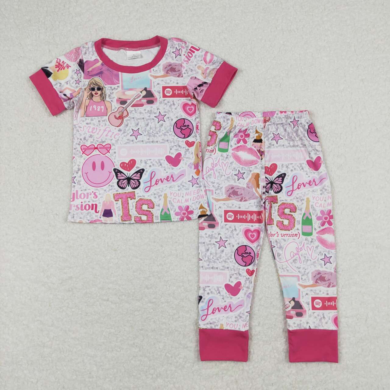GSPO1427  Pink Singer Swiftie Print Girls Pajamas Clothes Set