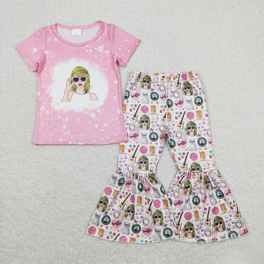 GSPO1441  Pink Singer Swiftie Print Girls Bell Pants Clothes Set