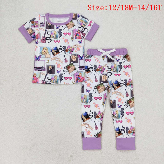 GSPO1492  Purple Singer Swiftie Print Girls Pajamas Clothes Set