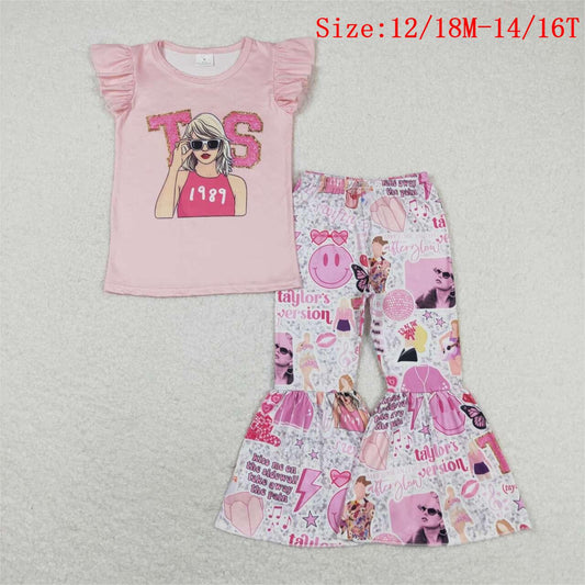 GSPO1507  Singer Swiftie Pink Print Girls Bell Pants Clothes Set