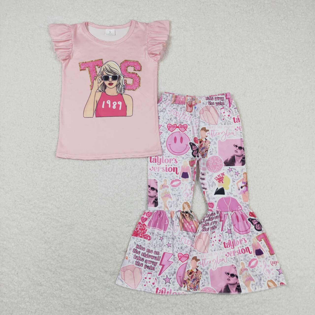 GSPO1507  Singer Swiftie Pink Print Girls Bell Pants Clothes Set