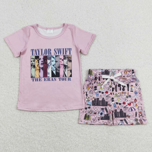 GSSO0646 Pink Singer Swiftie Print Shorts Girls Summer Clothes Set