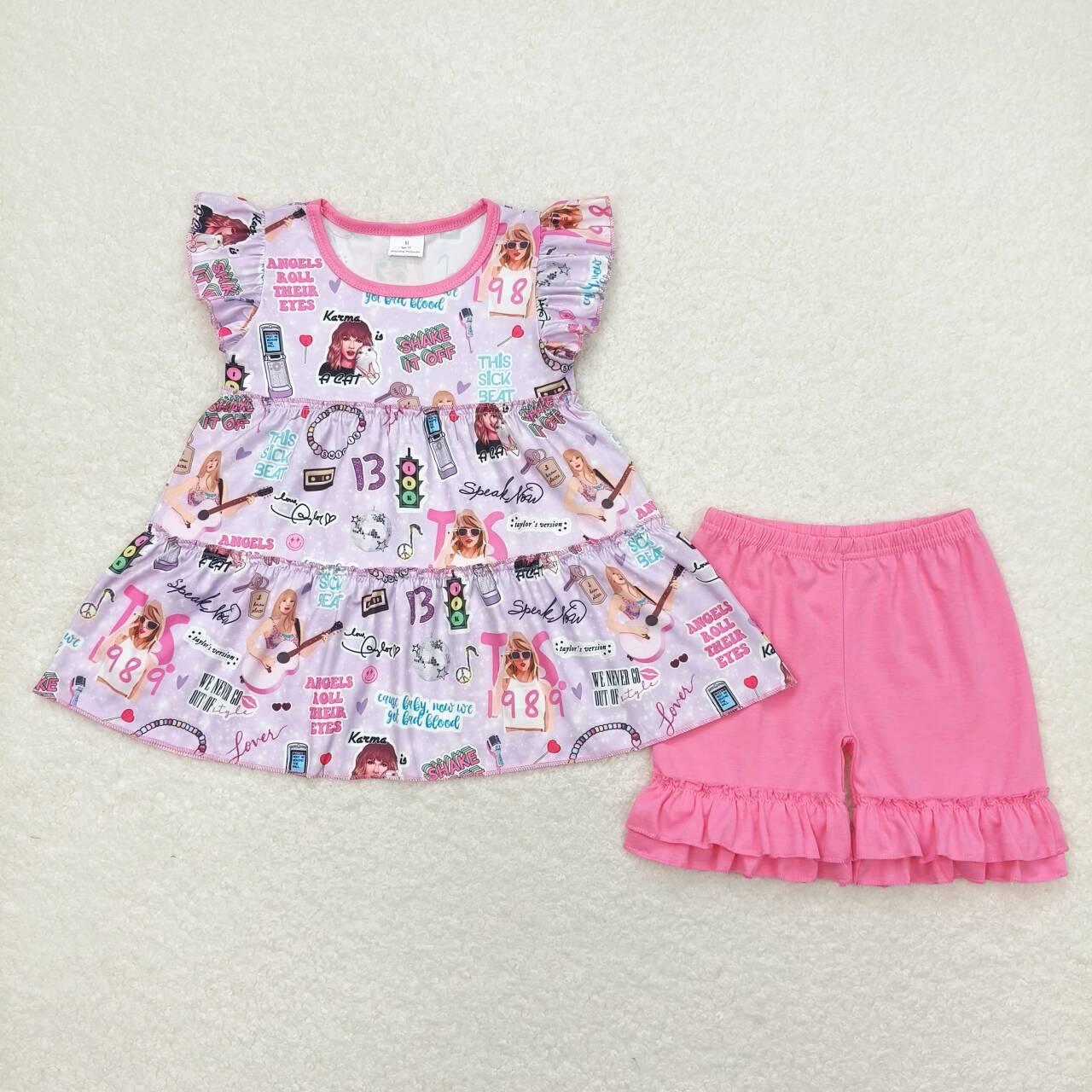 GSSO0676 Singer Tunic Top Hot Pink Shorts Girls Summer Clothes Set