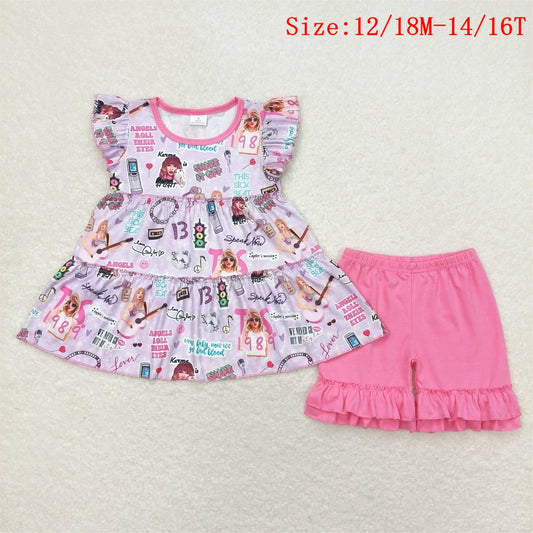 GSSO0676 Singer Tunic Top Hot Pink Shorts Girls Summer Clothes Set