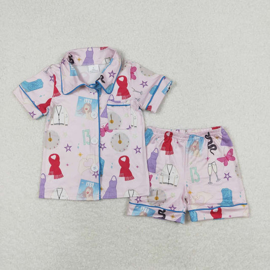 GSSO0678 Pink Singer Swiftie Print Girls Summer Pajamas Clothes Set