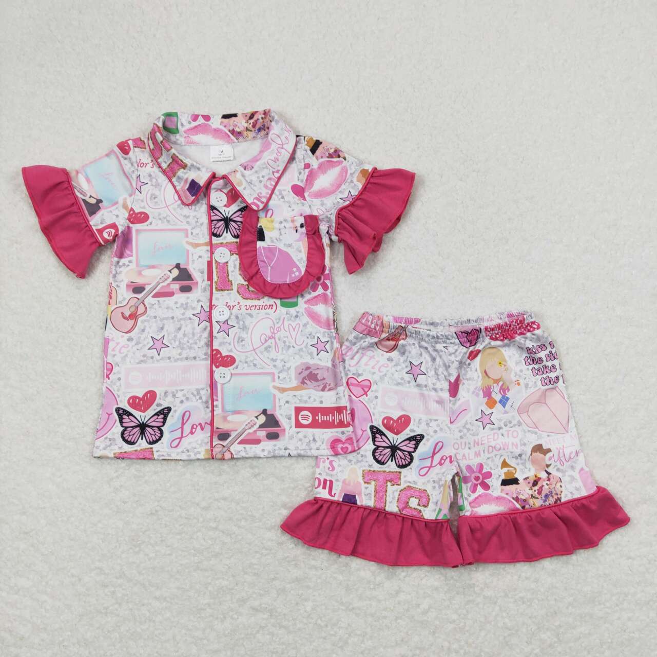 GSSO0737  Singer Swiftie Print Girls Summer Ruffles Pocket Pajamas Clothes Set