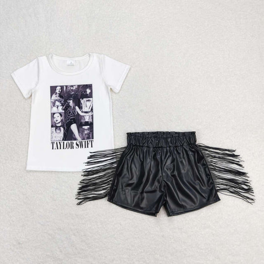 GSSO0983  Singer Swiftie Top Black Tassels Leather Shorts Girls Summer Clothes Set