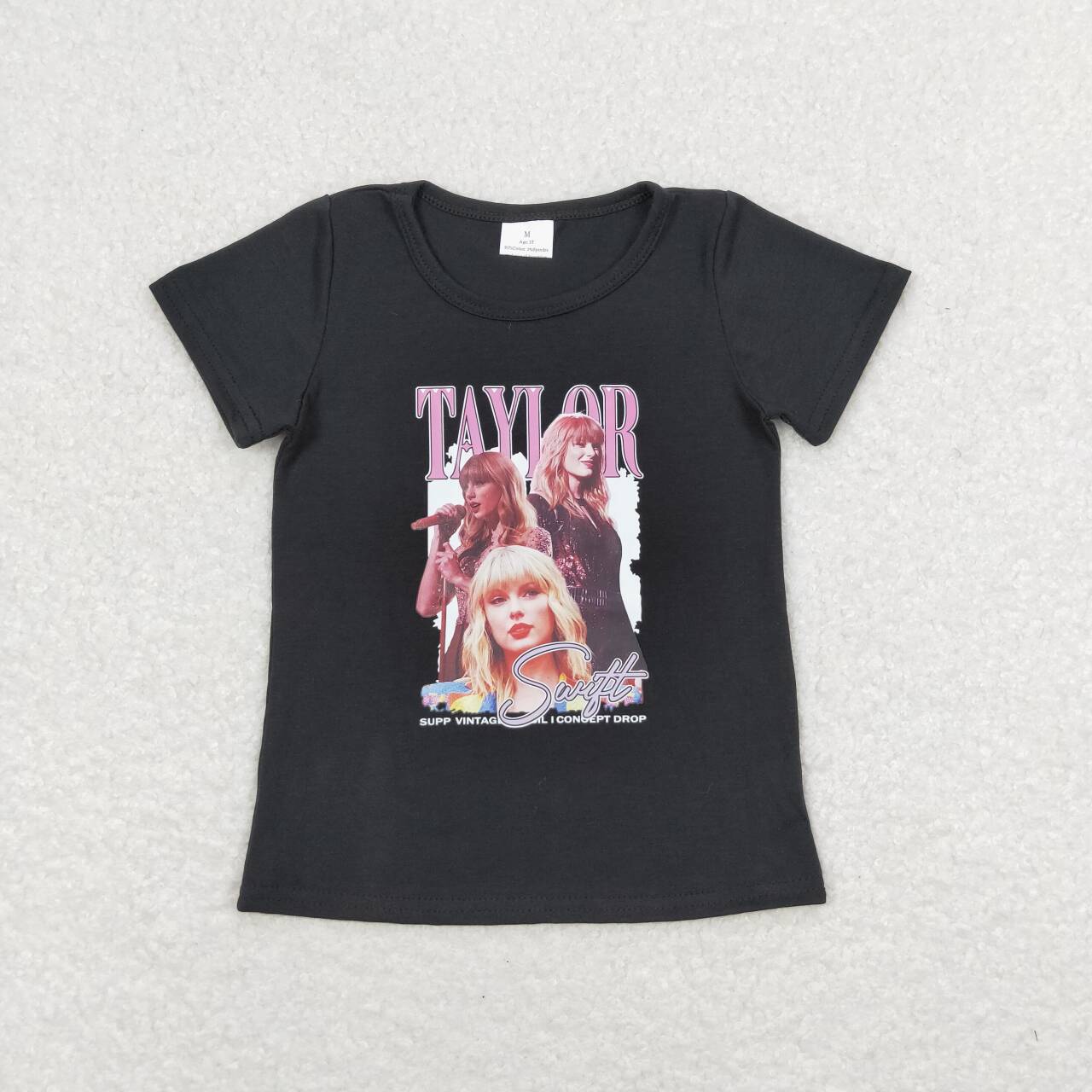 GT0572  Singer Swiftie Black Vinyl Girls Summer Tee Shirts Top