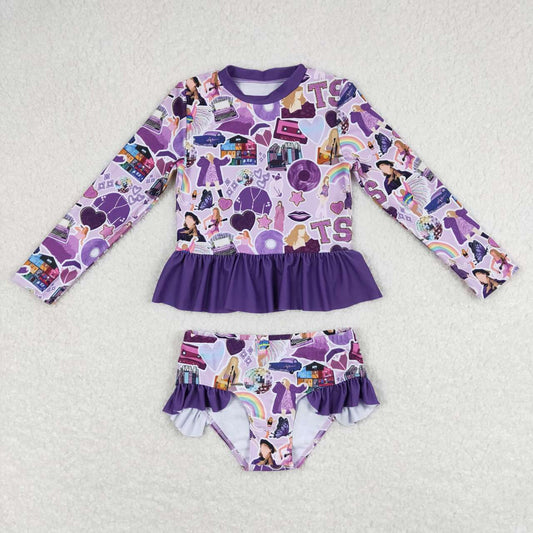S0294 Purple Singer Swiftie Print Girls 2 Pieces Long Sleeve Swimsuits
