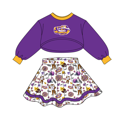 (Custom Design Preorder MOQ 5) Team's Louisiana Tigers Long Sleeve Top Skirts Girls Clothes Set