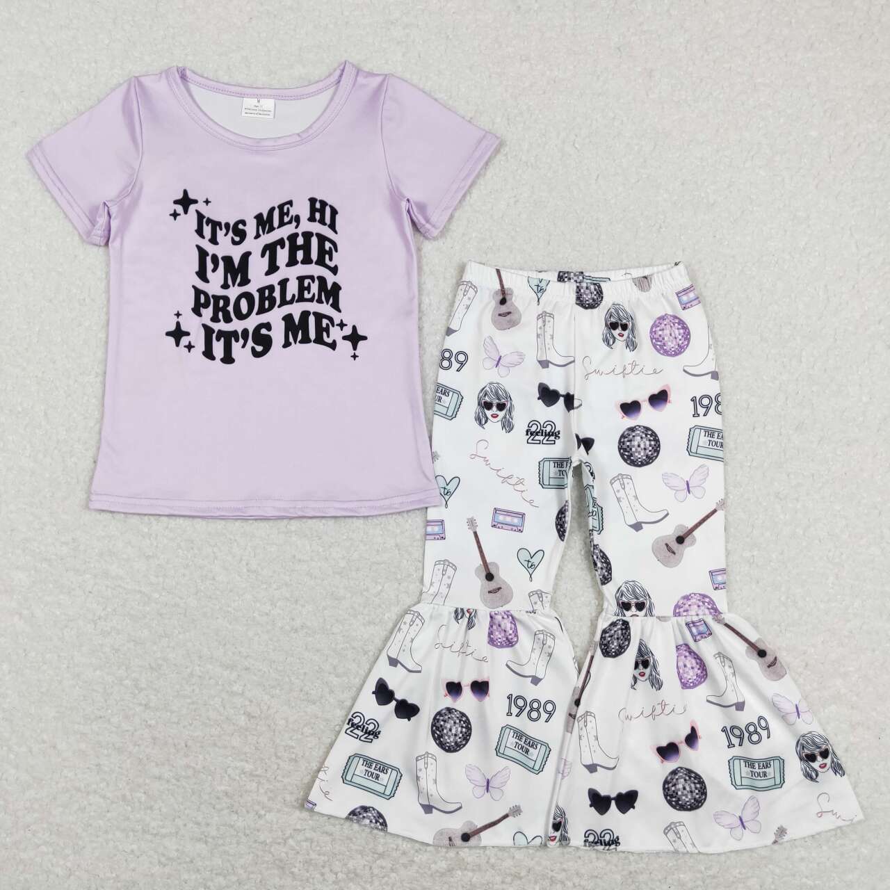 GSPO1246 Purple Top Singer Design Bell Pants Girls Clothes Set