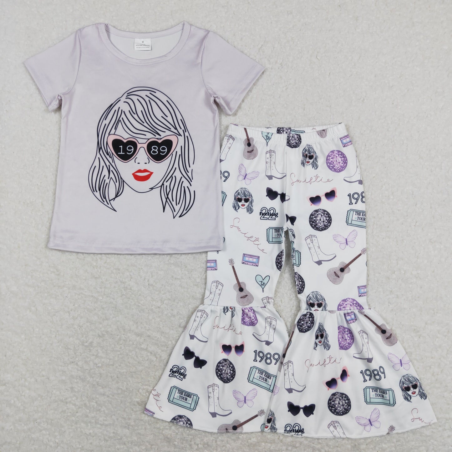 GSPO1248 Grey Top Singer Design Bell Pants Girls Clothes Set