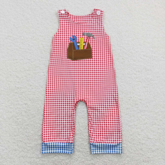 SR0822 Tool Embroidery Red Plaid Print Baby Boys Summer Romper