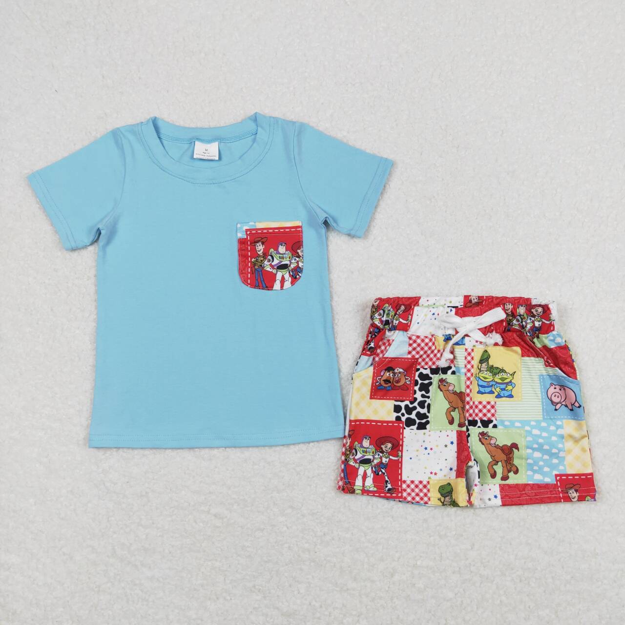 BSSO0535 Blue Pocket Top Cartoon Toys Shorts Boys Summer Clothes Set