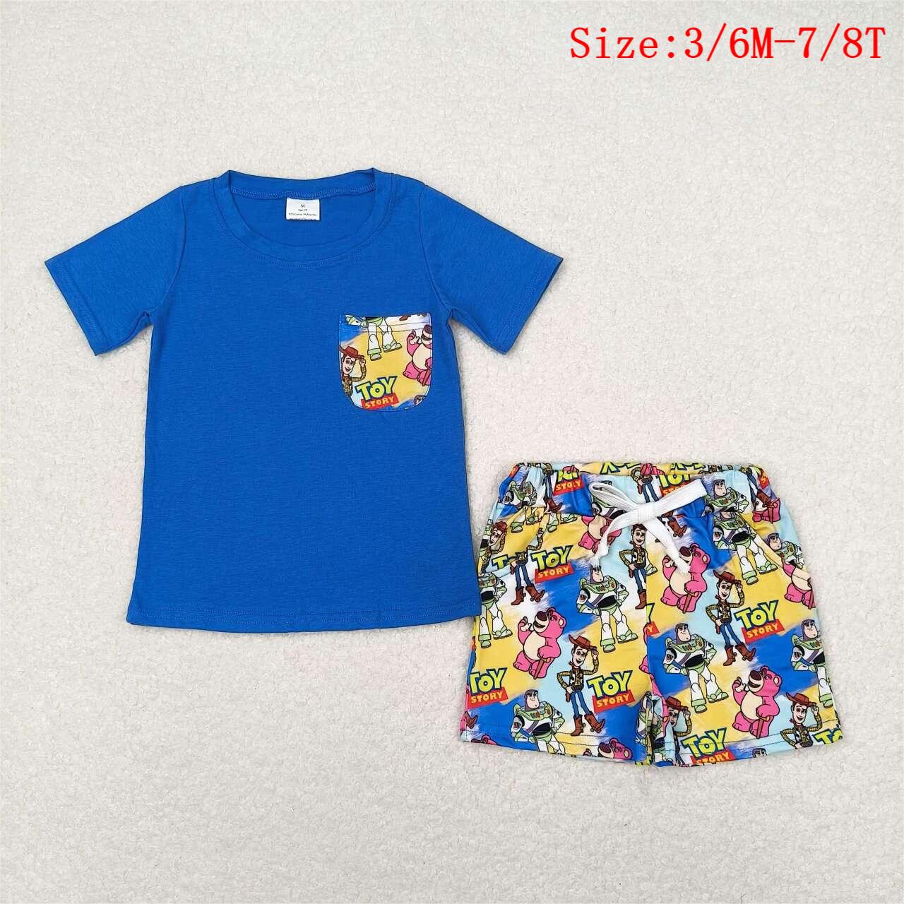 BSSO0833  Blue Pocket Top Cartoon Toys Shorts Boys Summer Clothes Set