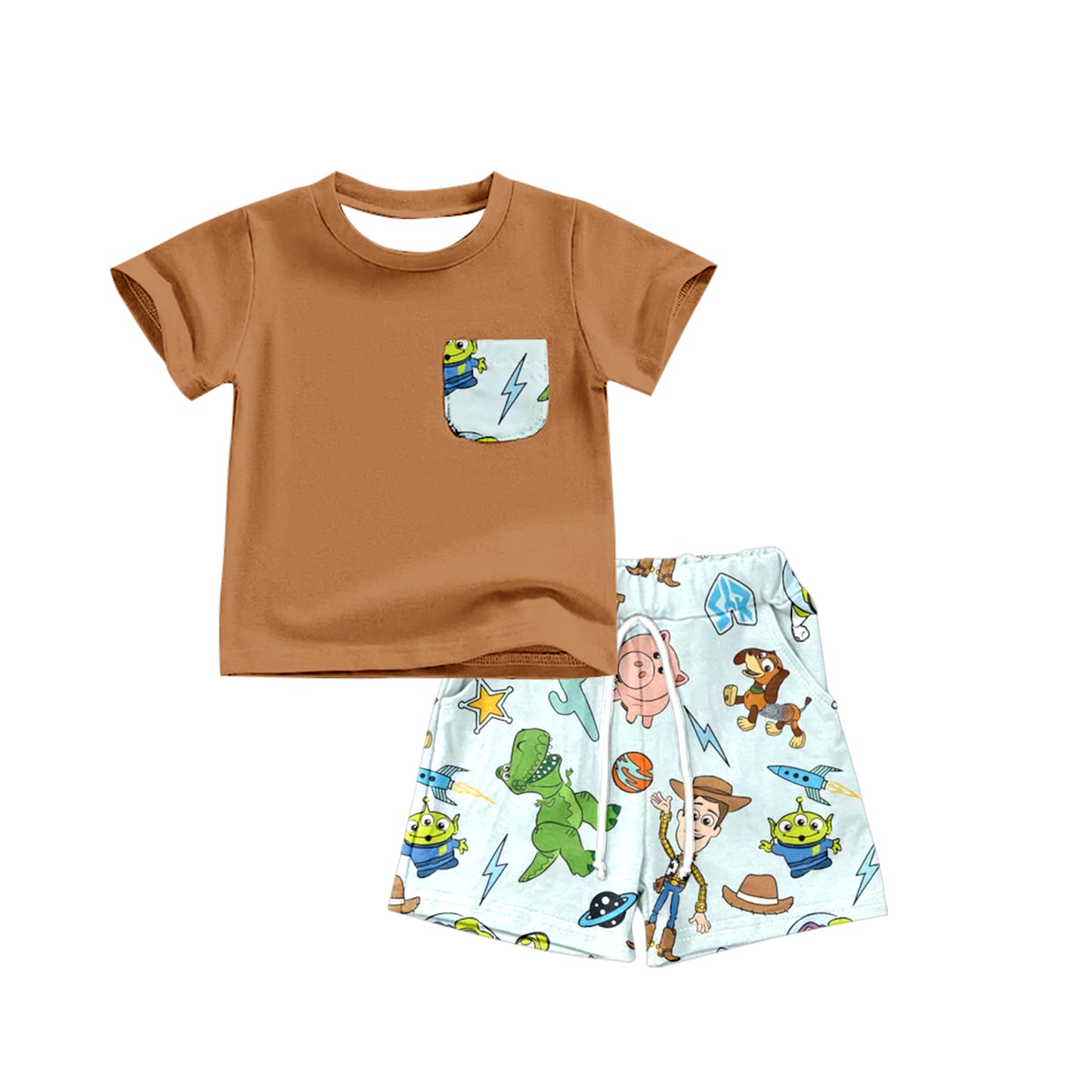 (Custom Design Preorder MOQ 5)  Brown Pocket Top Cartoon Toys Shorts Boys Summer Clothes Set