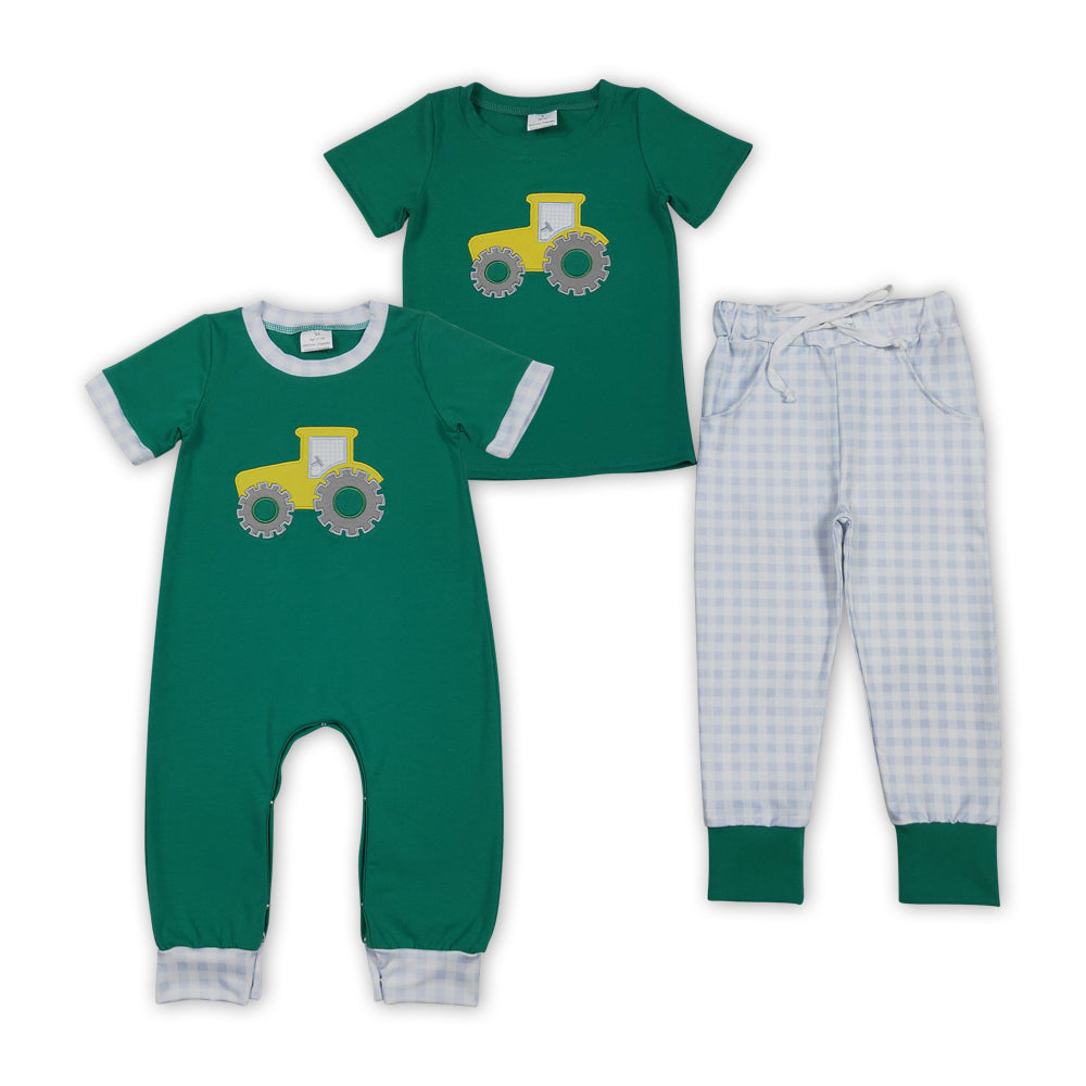 Tractor Embroidery Green Boys Matching Clothes Brothers Wear