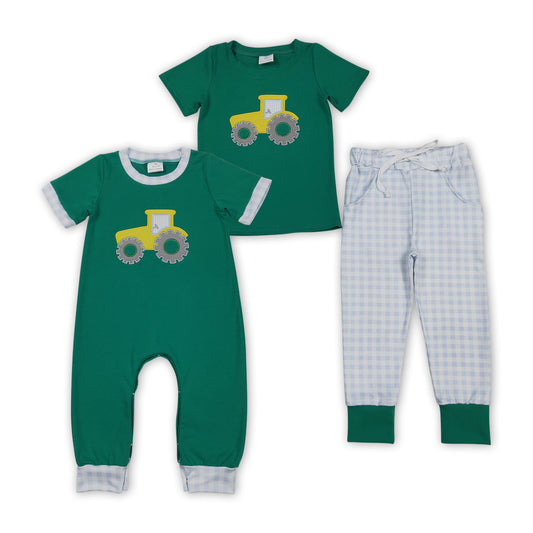Tractor Embroidery Green Boys Matching Clothes Brothers Wear